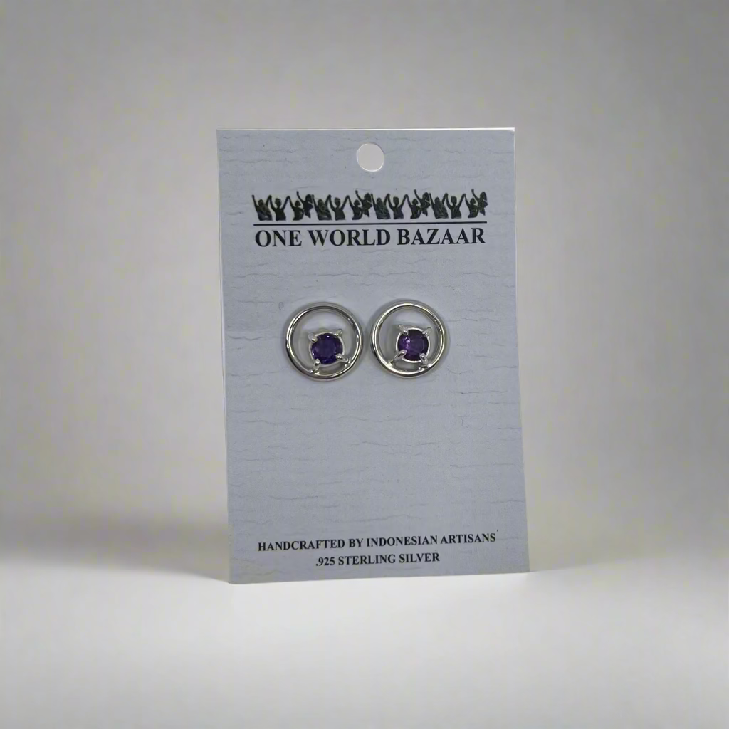 Amethyst Circle Stud Earrings
