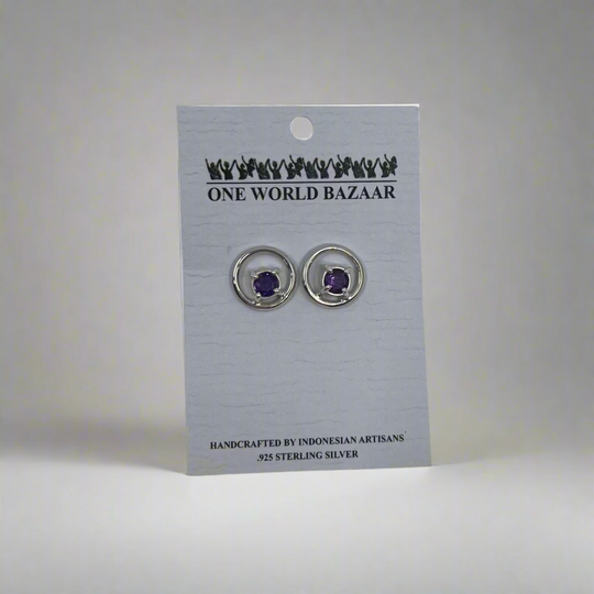 Amethyst Circle Stud Earrings