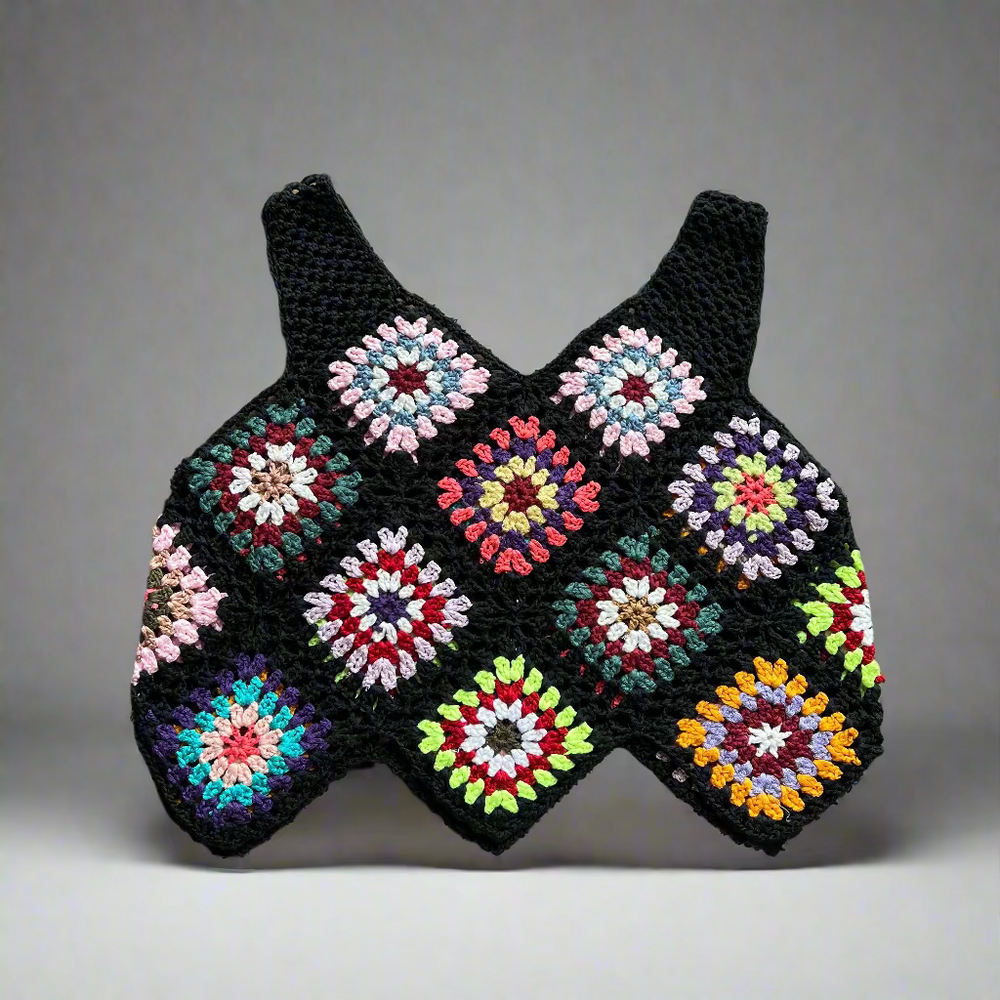 Black Crochet Tank with Rainbow Granny Squares