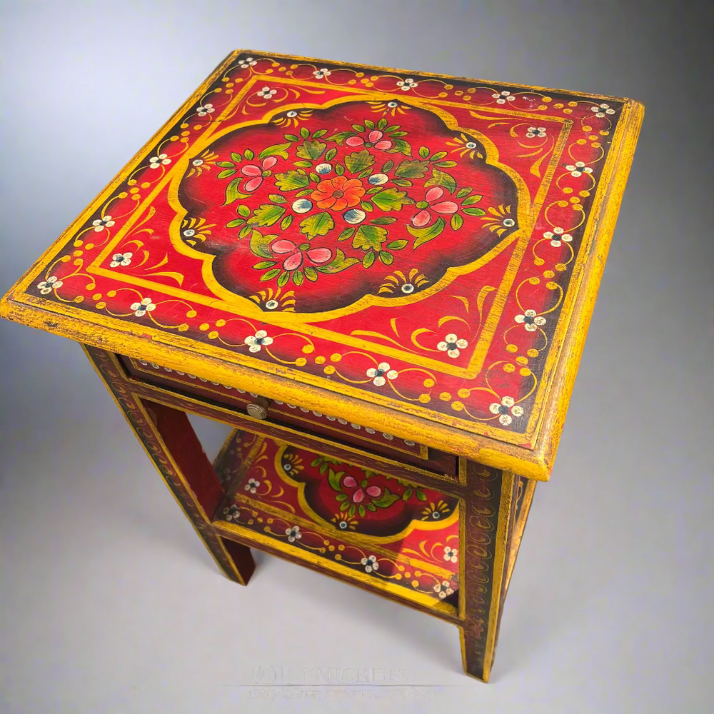 Decorative wooden side table with floral patterns 