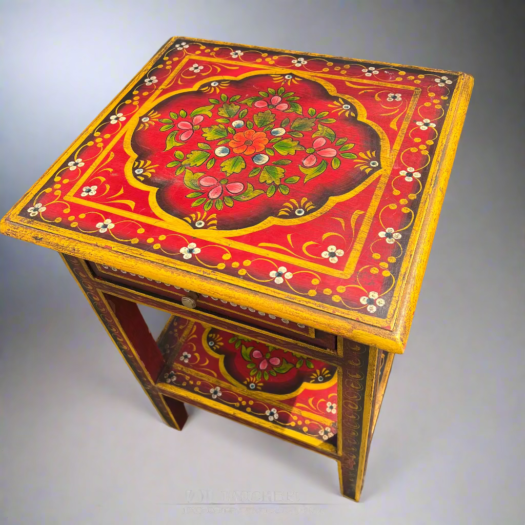 Decorative wooden side table with floral patterns 