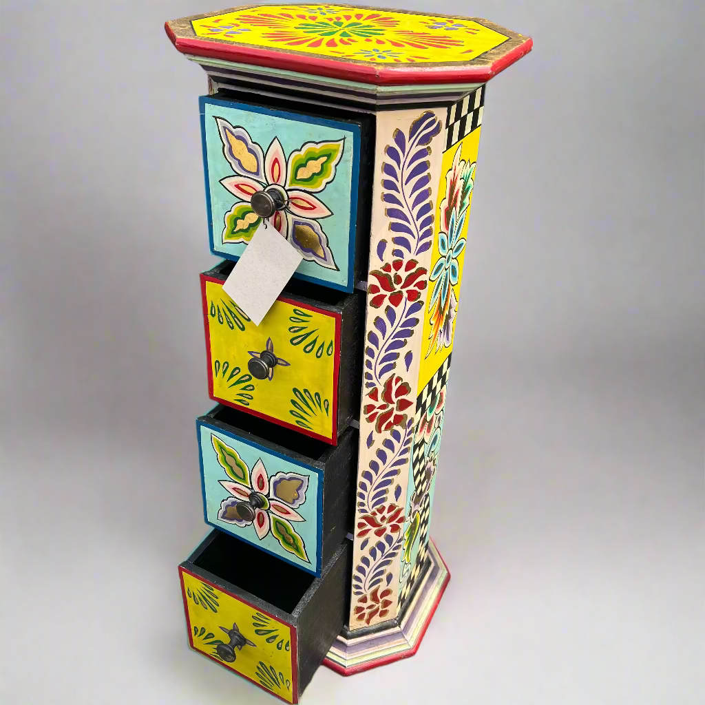 Colorful hexagonal cabinet with floral designs 