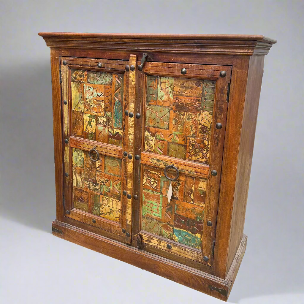 Wooden cabinet with wooden colourful block doors 
