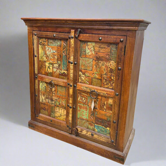 Wooden cabinet with wooden colourful block doors 