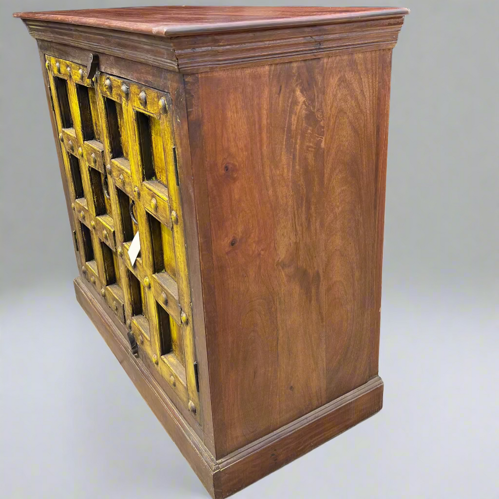 Wooden cabinet with yellow lattice design 