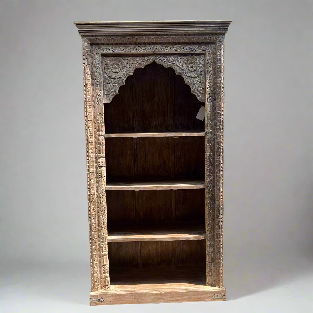Wooden bookshelf with intricate carvings 