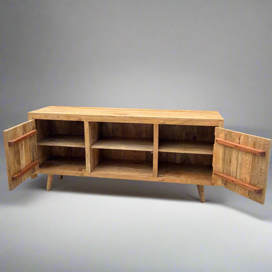Wooden entertainment console with open doors 