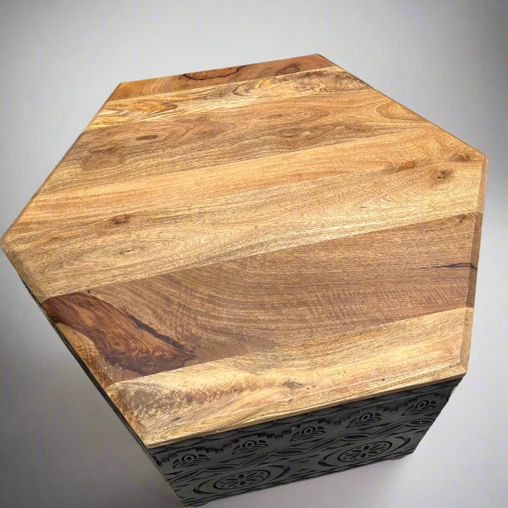 Hexagonal wooden table with a textured surface 
