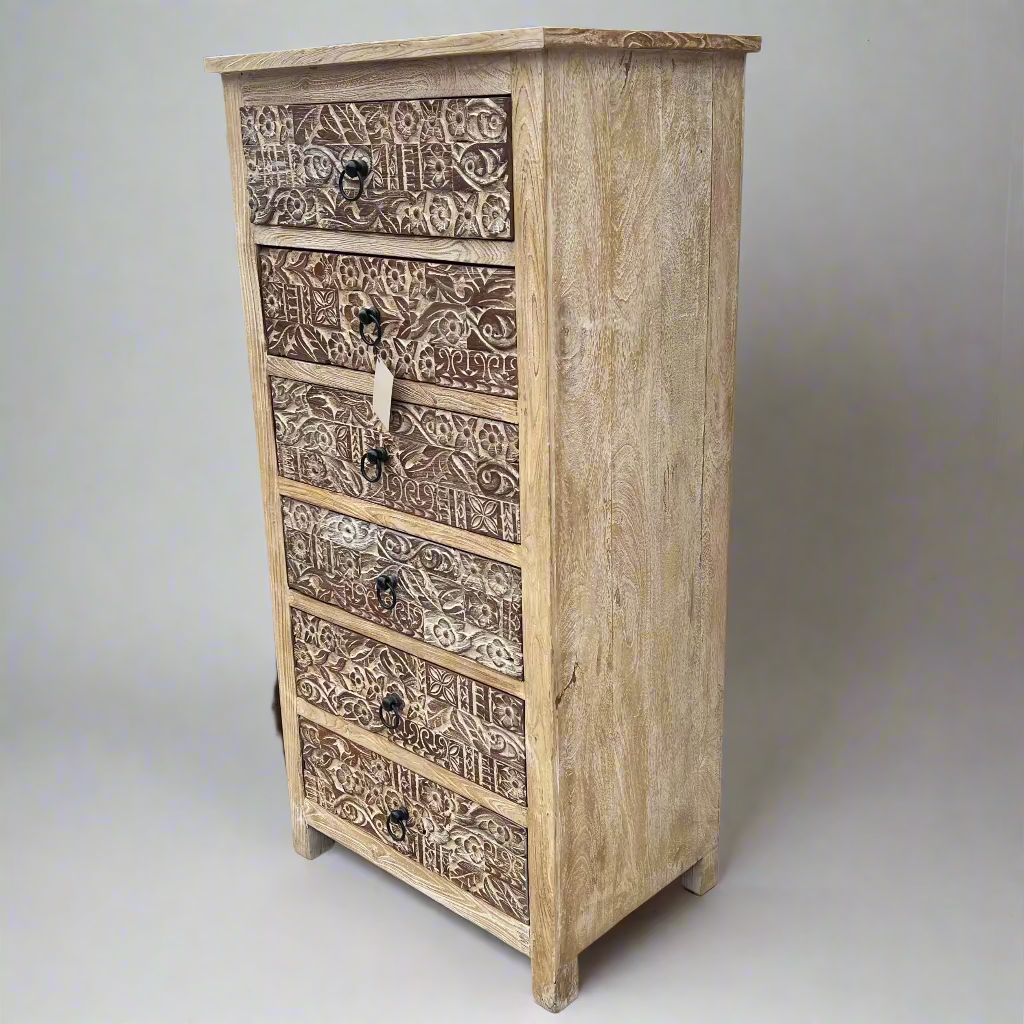 Wooden dresser with intricate carvings 