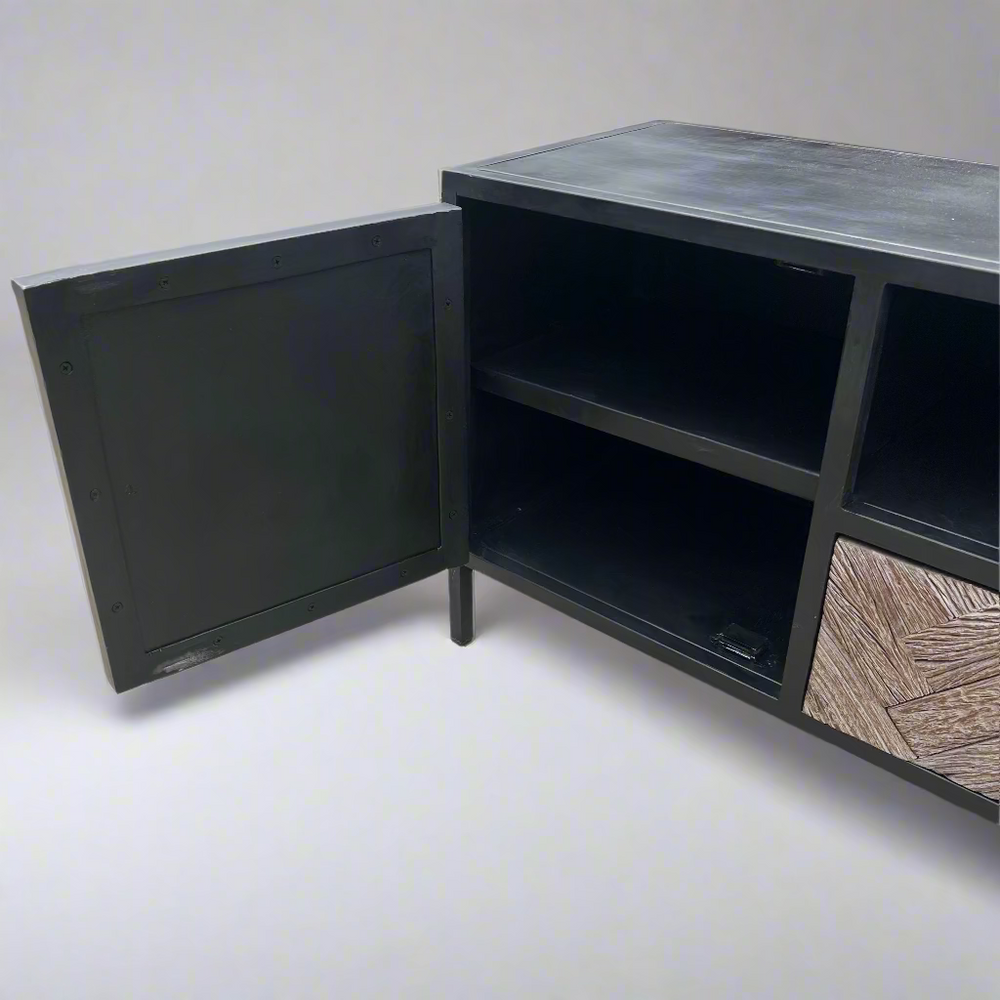 Black cabinet with open door 