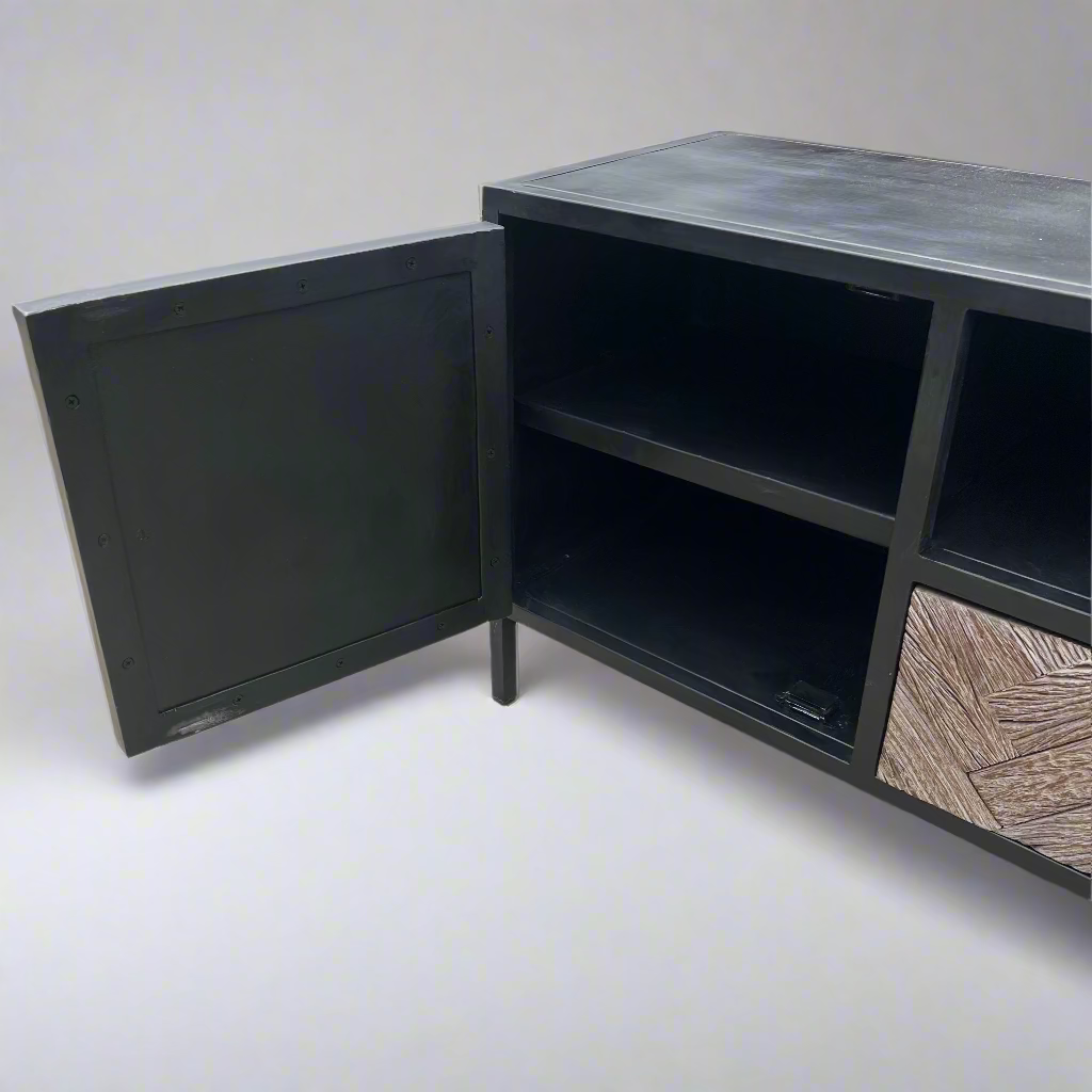 Black cabinet with open door 
