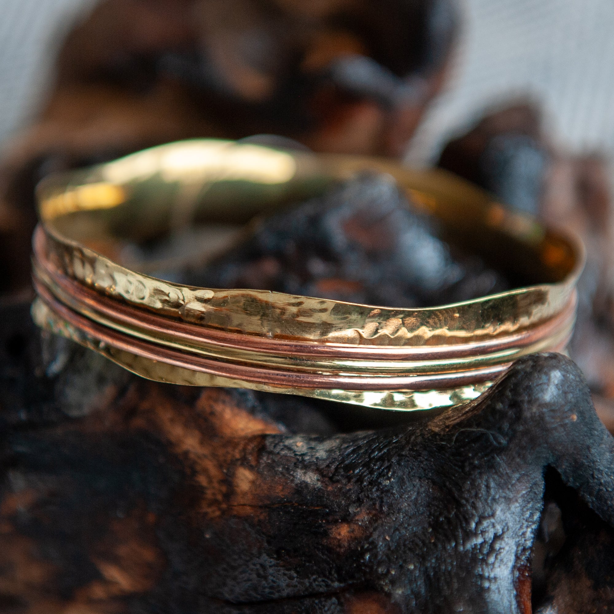 Meditation Bracelet Wavy Hammered Brass & Copper
