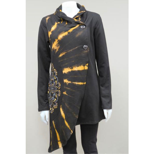 A-Symmetrical Button-up Black and Brown Tie-Dye Jacket