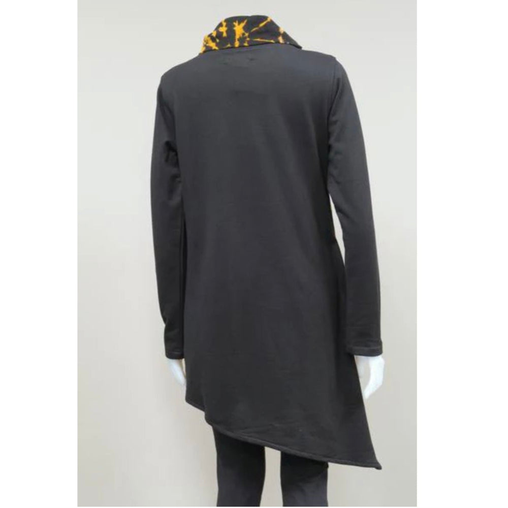 Dark gray coat with a yellow and black pattern on a white background