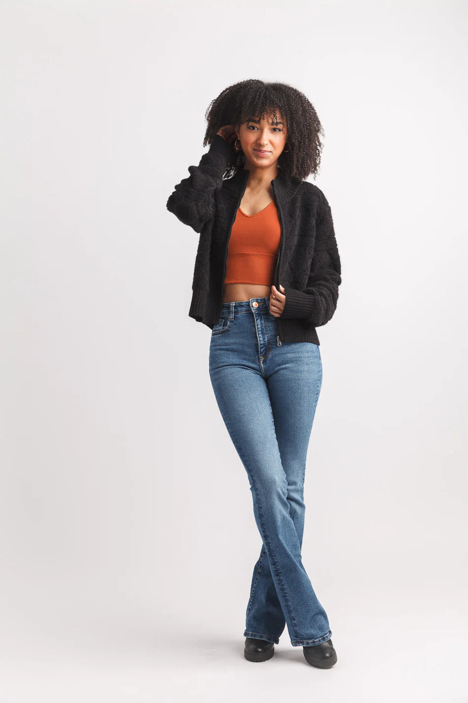 Full Zip Rib Detail Jacket - Black