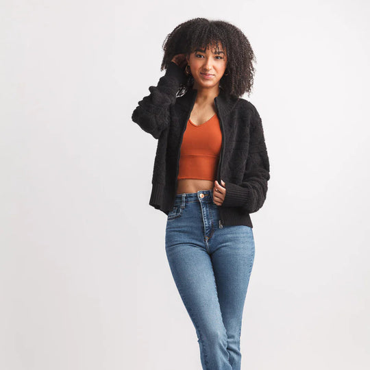 Full Zip Rib Detail Jacket - Black