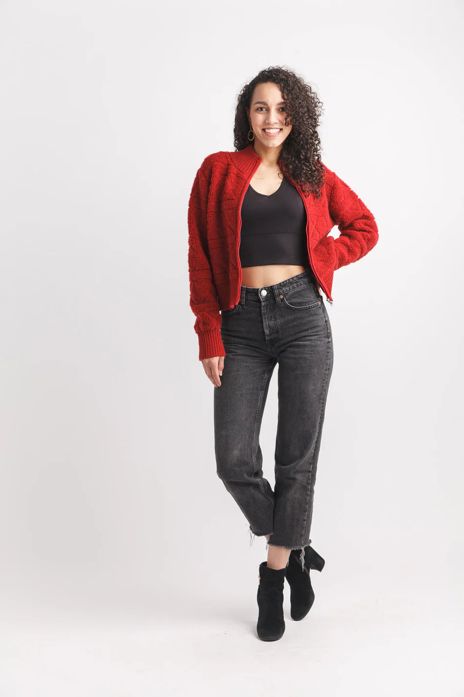 Full Zip Rib Detail Jacket - Red