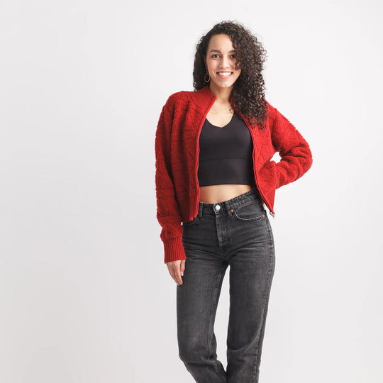 Full Zip Rib Detail Jacket - Red