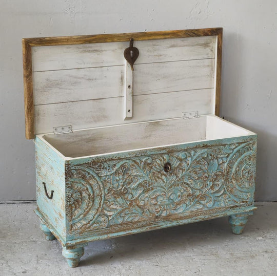 Ornate Carved Mango Wood Chest Table with Feet