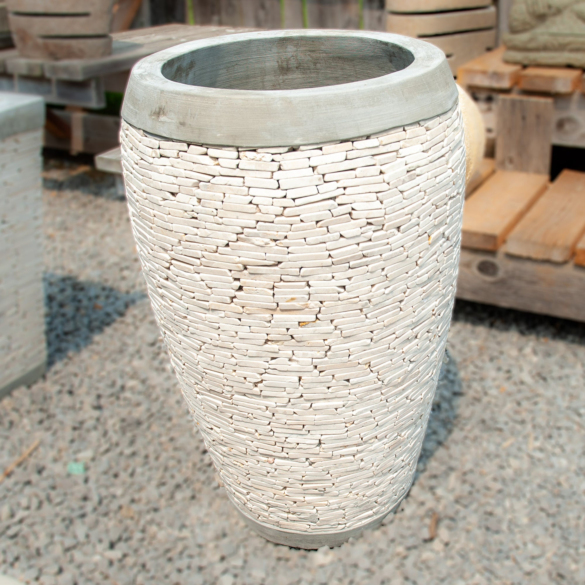 Javanese Cement Cylinder Stone Pot - White Marble