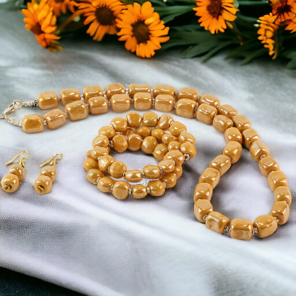 Authentic Kazuri Mustard Bead Set: Earrings, Necklace & Bracelet