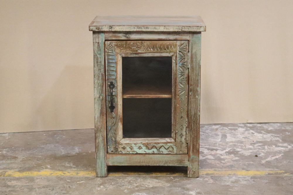 Cabinet with Reclaimed Carved Mango Wood and Teak Doors and Glass