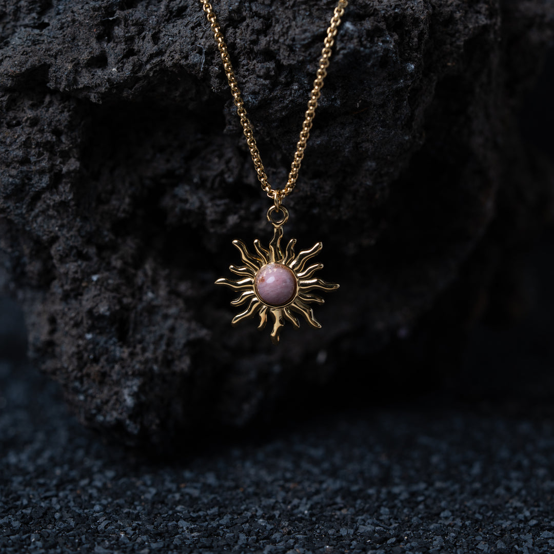 Gold Plated Pink Quartz Sun Pendant Necklace