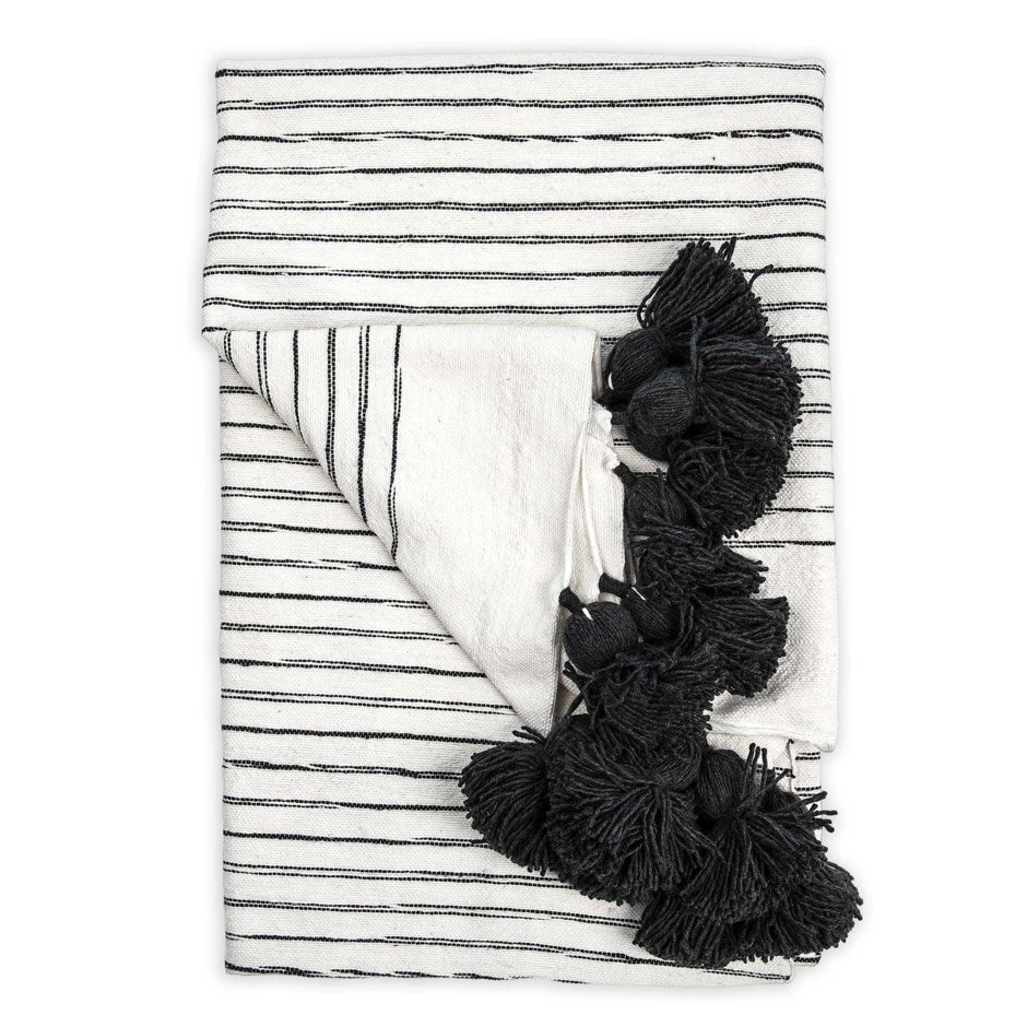 Sketched Charcoal Striped Moroccan Pom Pom Throw