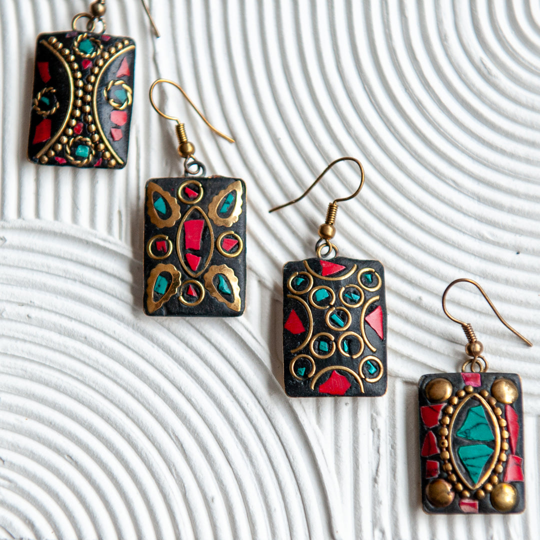 Gold Plated Mosaic Earrings - Rectangle