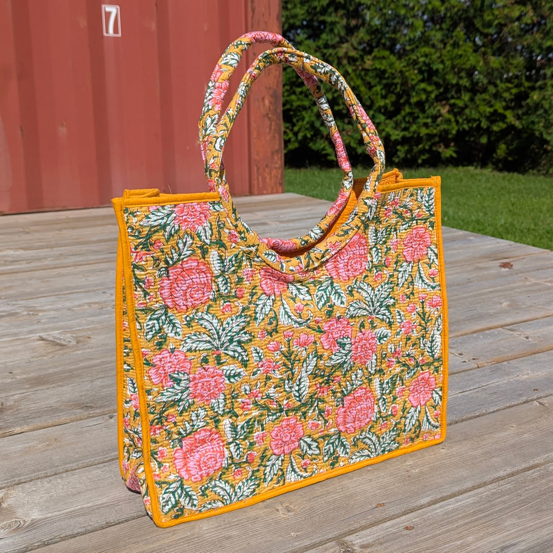 Quilted Cotton Tote Bag with Round Handles
