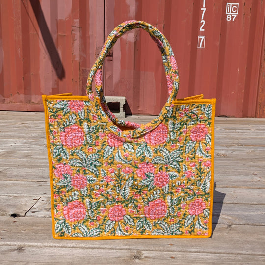 Quilted Cotton Tote Bag with Round Handles