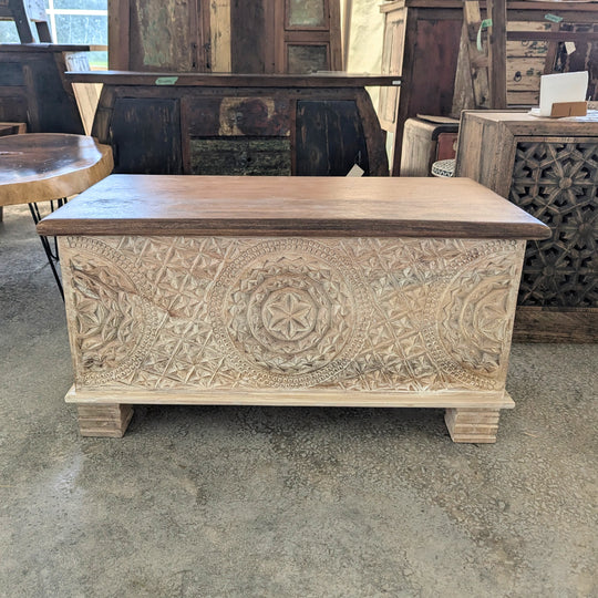 Ornate Carved Mango Wood Chest Table with Feet