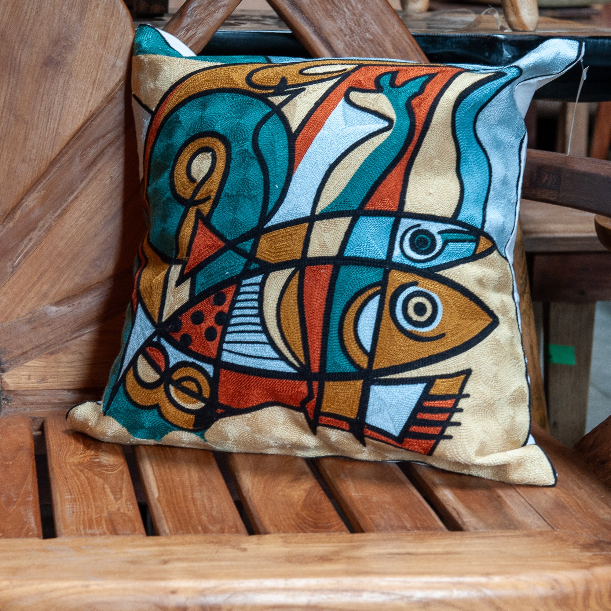 Embroidered Pillow Cover - Abstract Fish