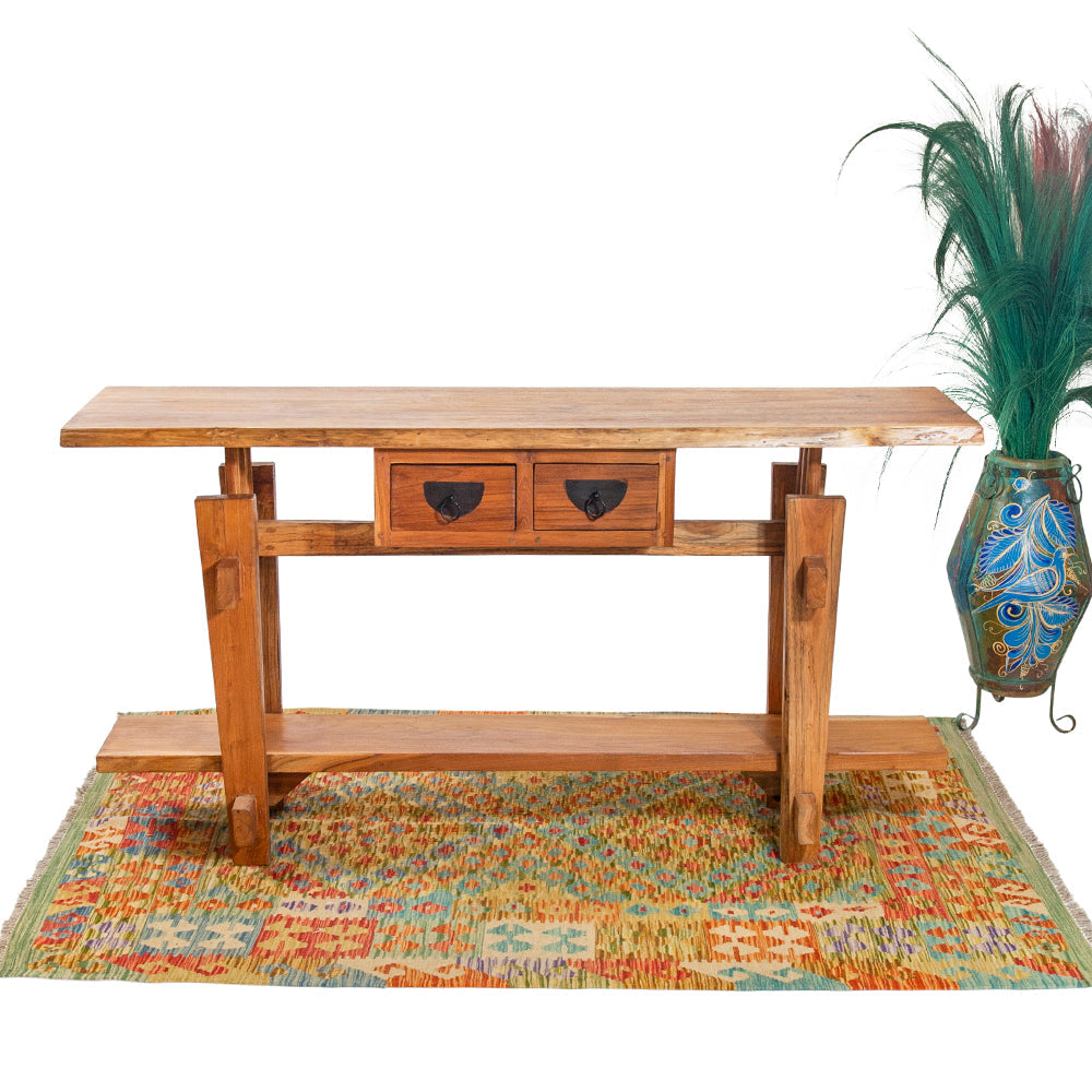 Teak Console with Two Drawers & Lower Shelf