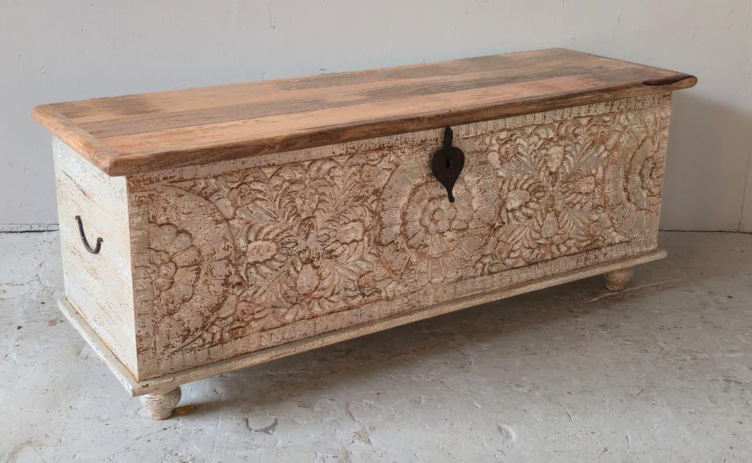 Ornate Carved Mango Wood Chest Table with Feet