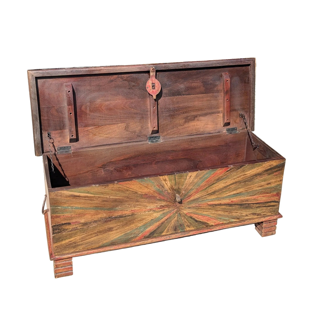 Sunburst Design Reclaimed Teak Chest Table with Feet