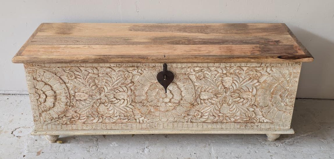 Ornate Carved Mango Wood Chest Table with Feet