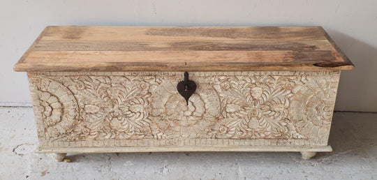 Ornate Carved Mango Wood Chest Table with Feet