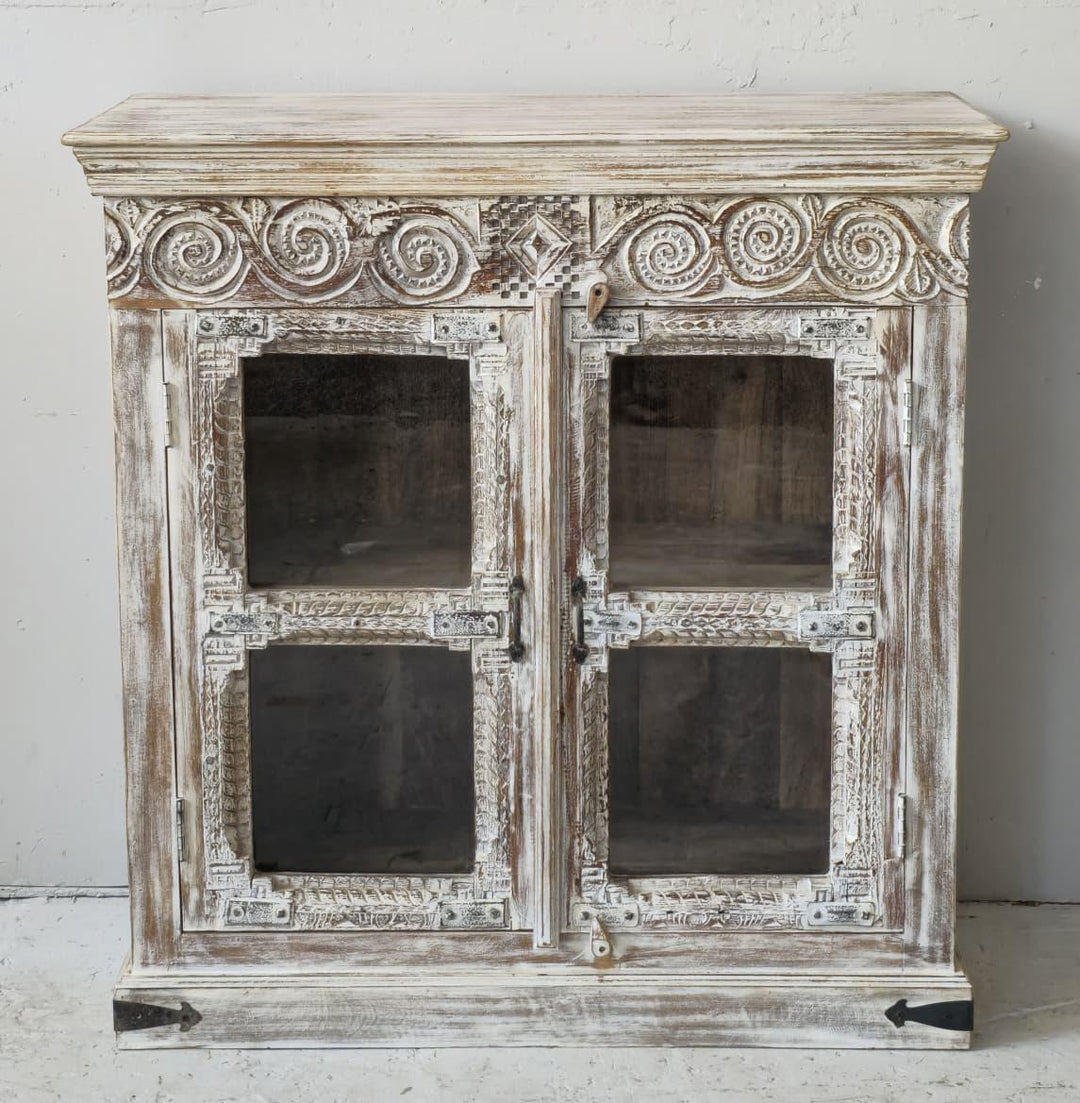 Cabinet with Reclaimed Carved Mango Wood and Teak Doors and Glass