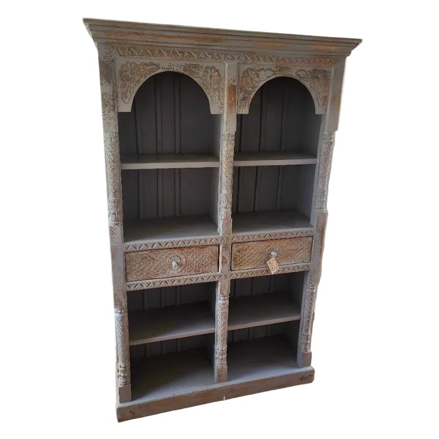 Carved Mango Wood Book Shelf with Divider and 2 Drawers