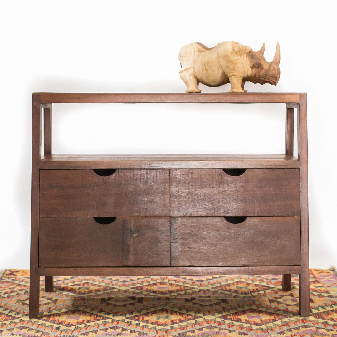 Slanted Teak Cabinet with Four Drawers & Shelf