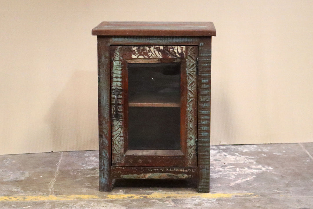 Cabinet with Reclaimed Carved Mango Wood and Teak Doors and Glass