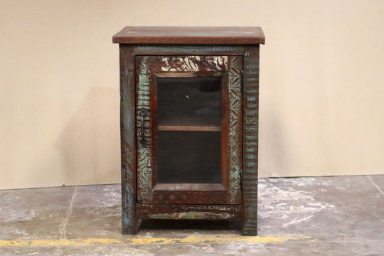 Cabinet with Reclaimed Carved Mango Wood and Teak Doors and Glass
