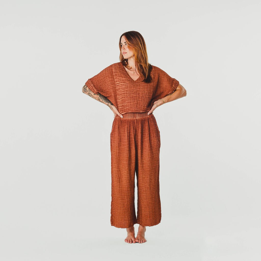 Crinkle Crop Palazzo Pant- One-Sized - Terracotta