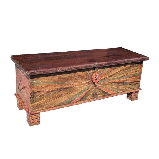 Sunburst Design Reclaimed Teak Chest Table with Feet