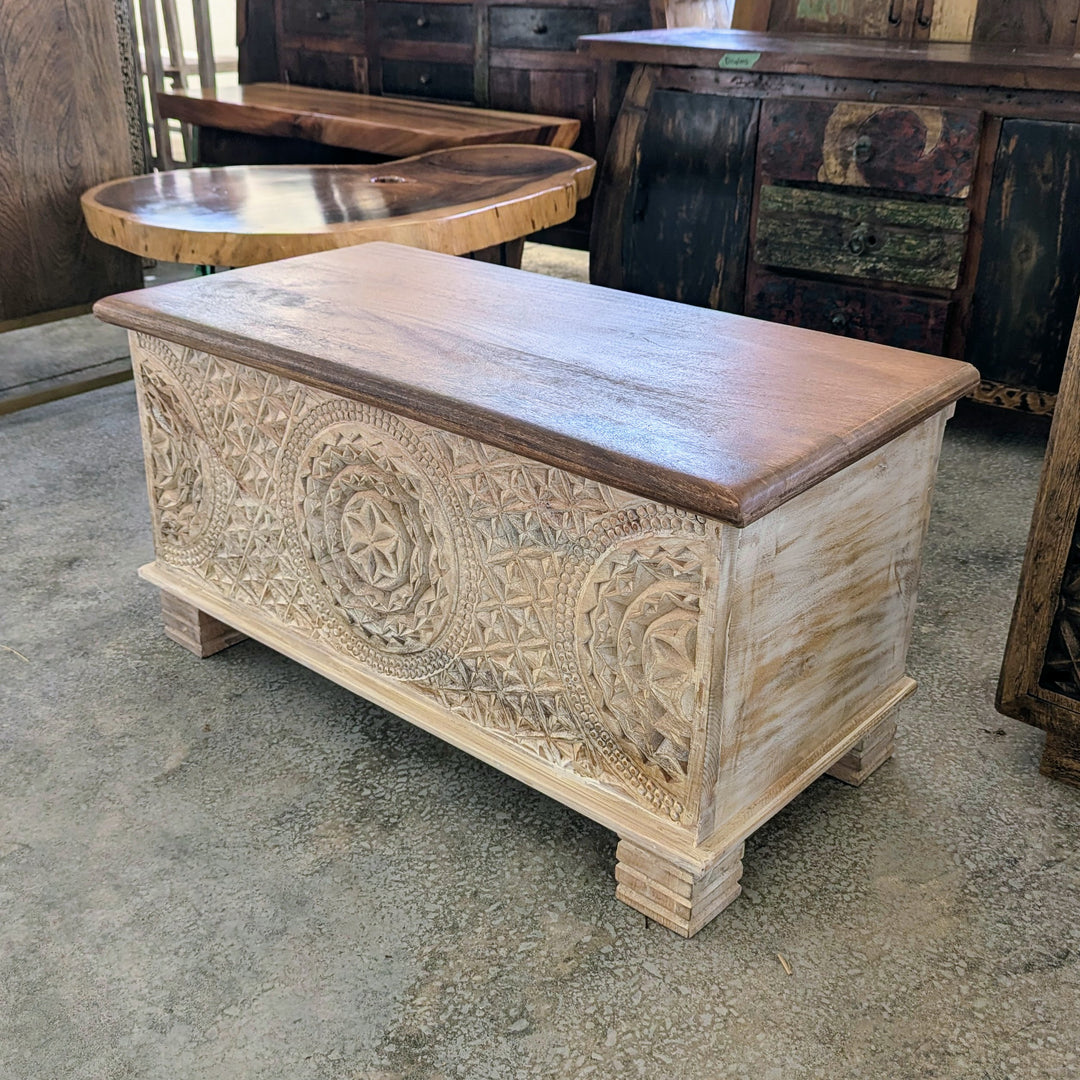 Ornate Carved Mango Wood Chest Table with Feet