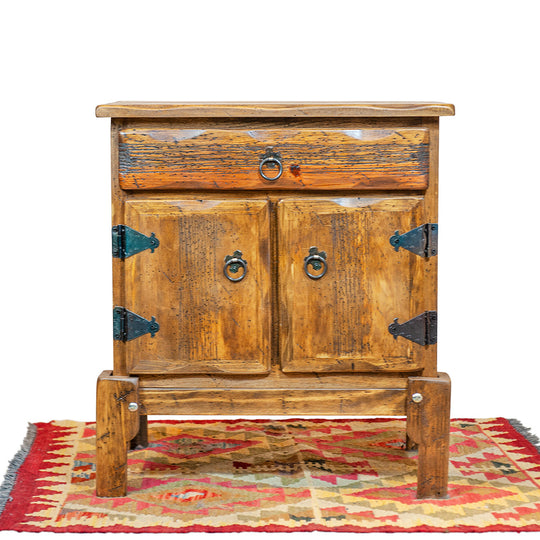 Short Pine Wood Cabinet with 1 Drawer, 2 Doors, and Stand