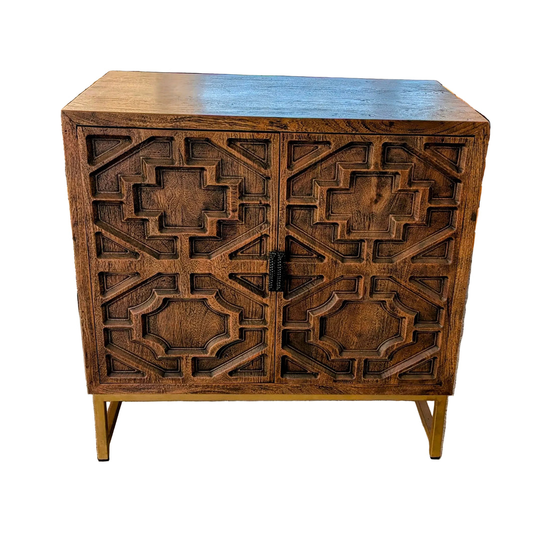 Narrow Geometric Design Mango Wood Sideboard with Iron Legs