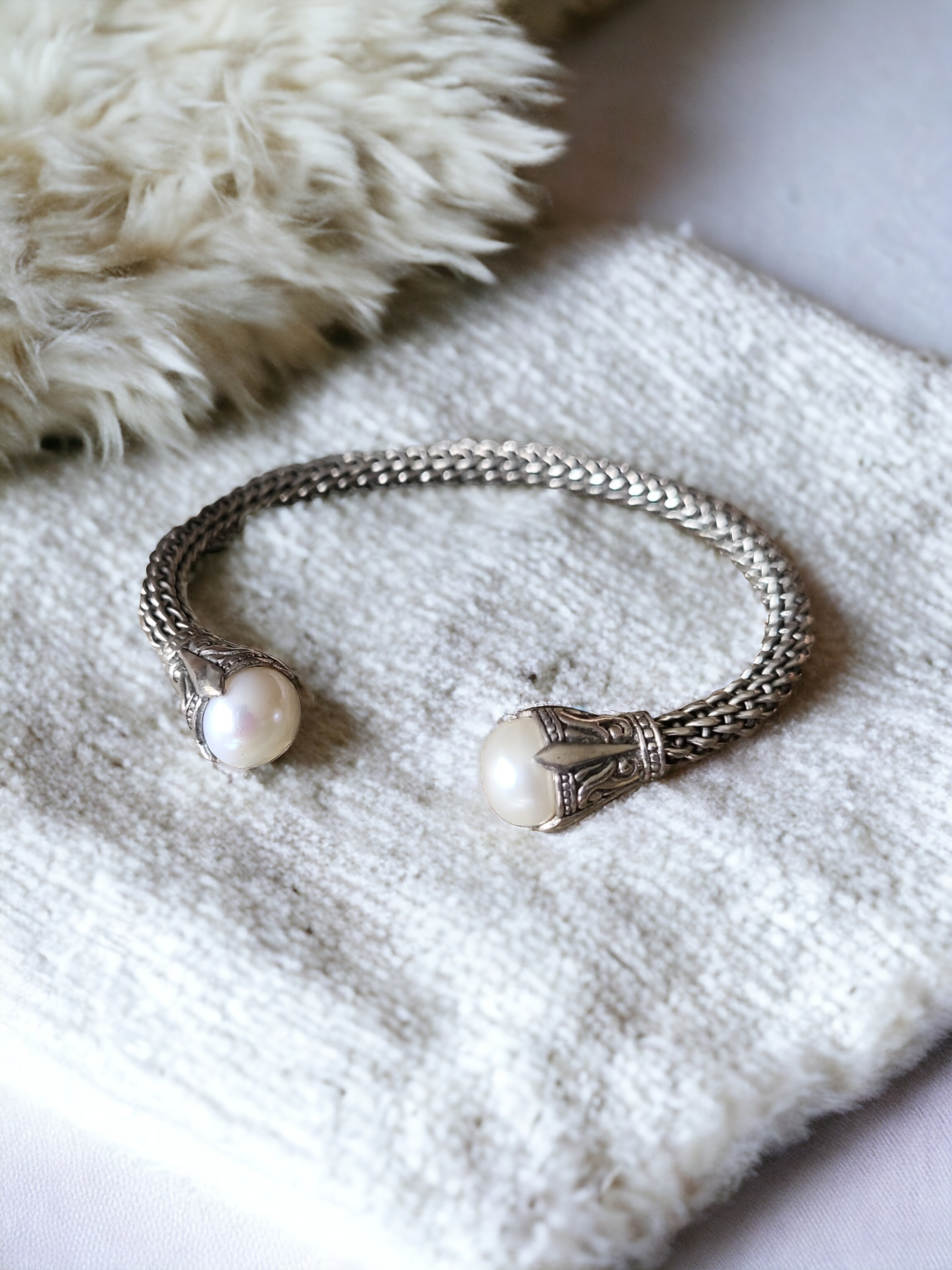 Bali Silver Cuff Bracelet with Pearl Weave Design