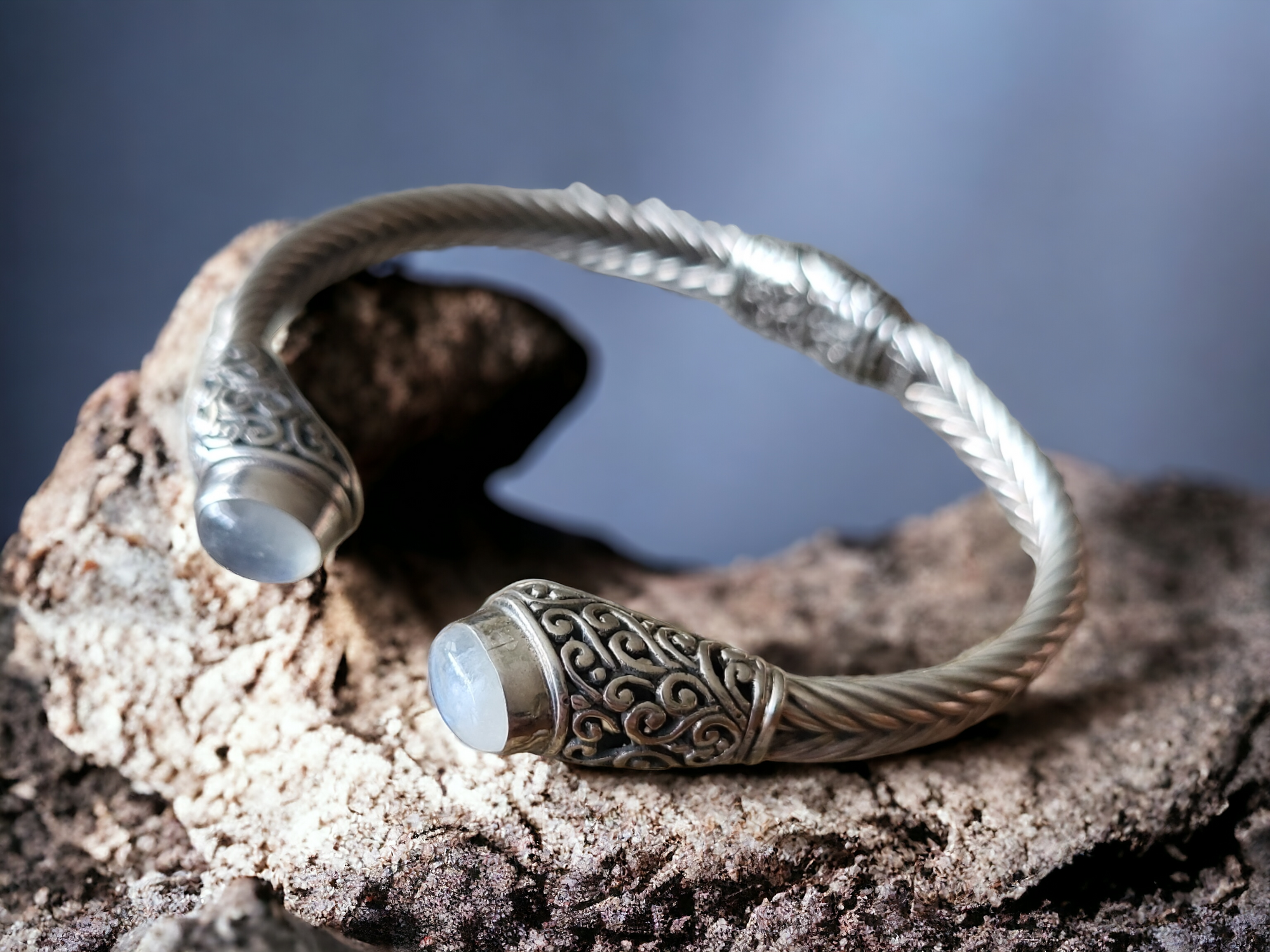 Bali Silver Cuff Bracelet with Moonstone Inlay